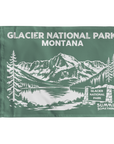 Green Glacier National Park flag featuring Montana mountain artwork, national park adventure keepsake and gift for hikers.