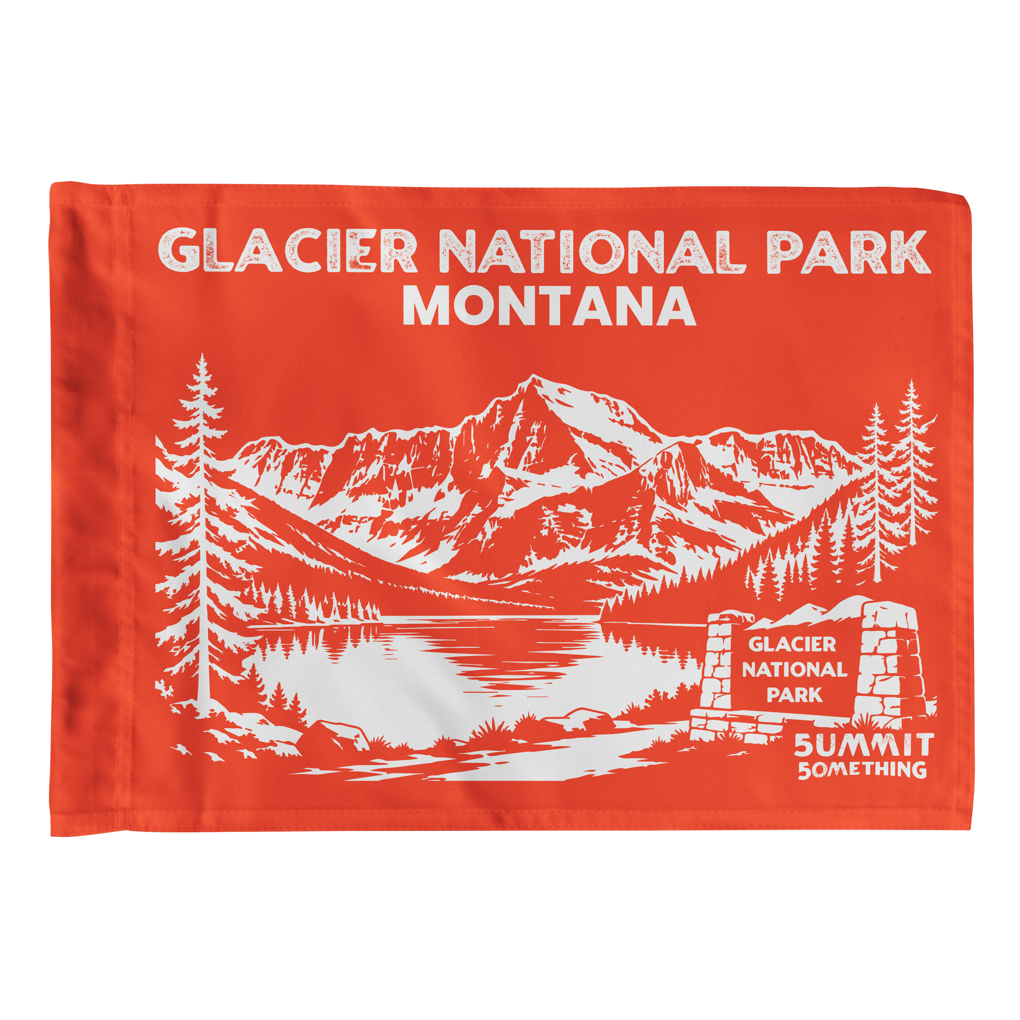 Orange Glacier National Park flag featuring Montana mountain artwork, national park adventure keepsake and gift for hikers.