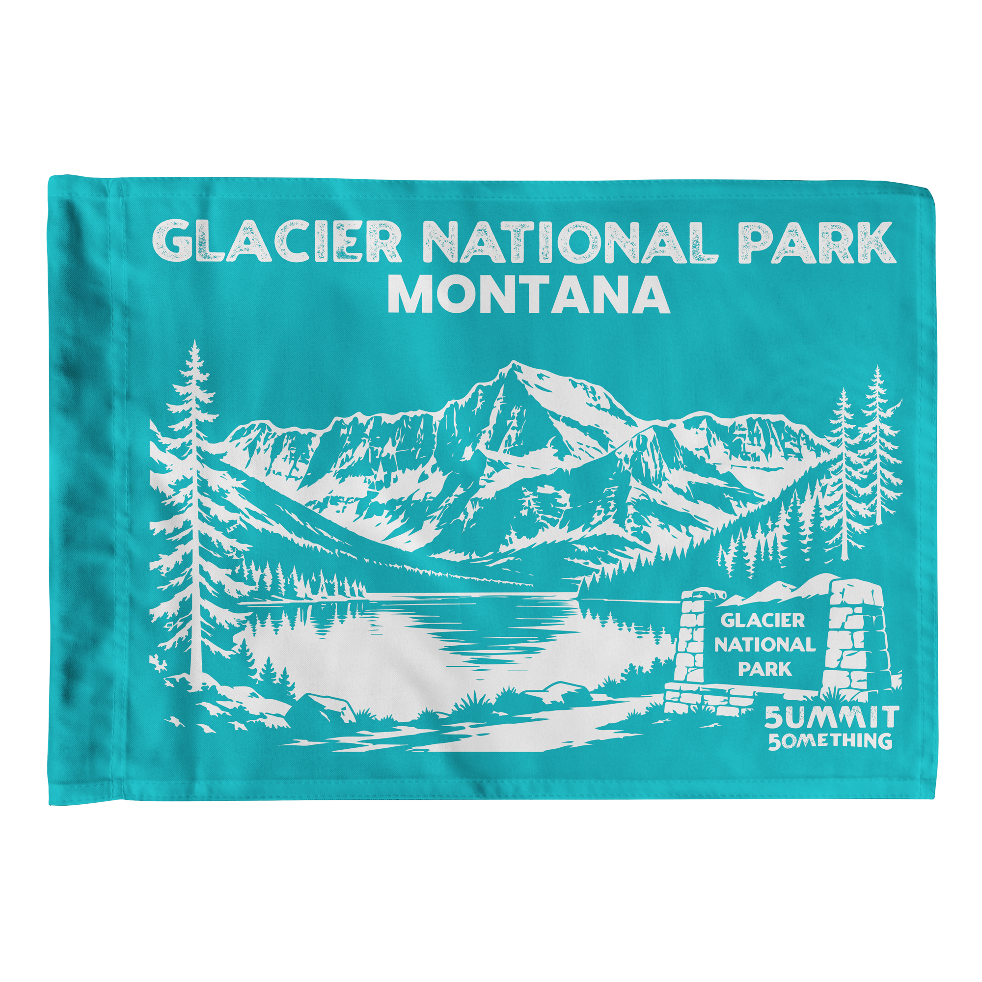 Turquoise Glacier National Park flag featuring Montana mountain artwork, national park adventure keepsake and gift for hikers.