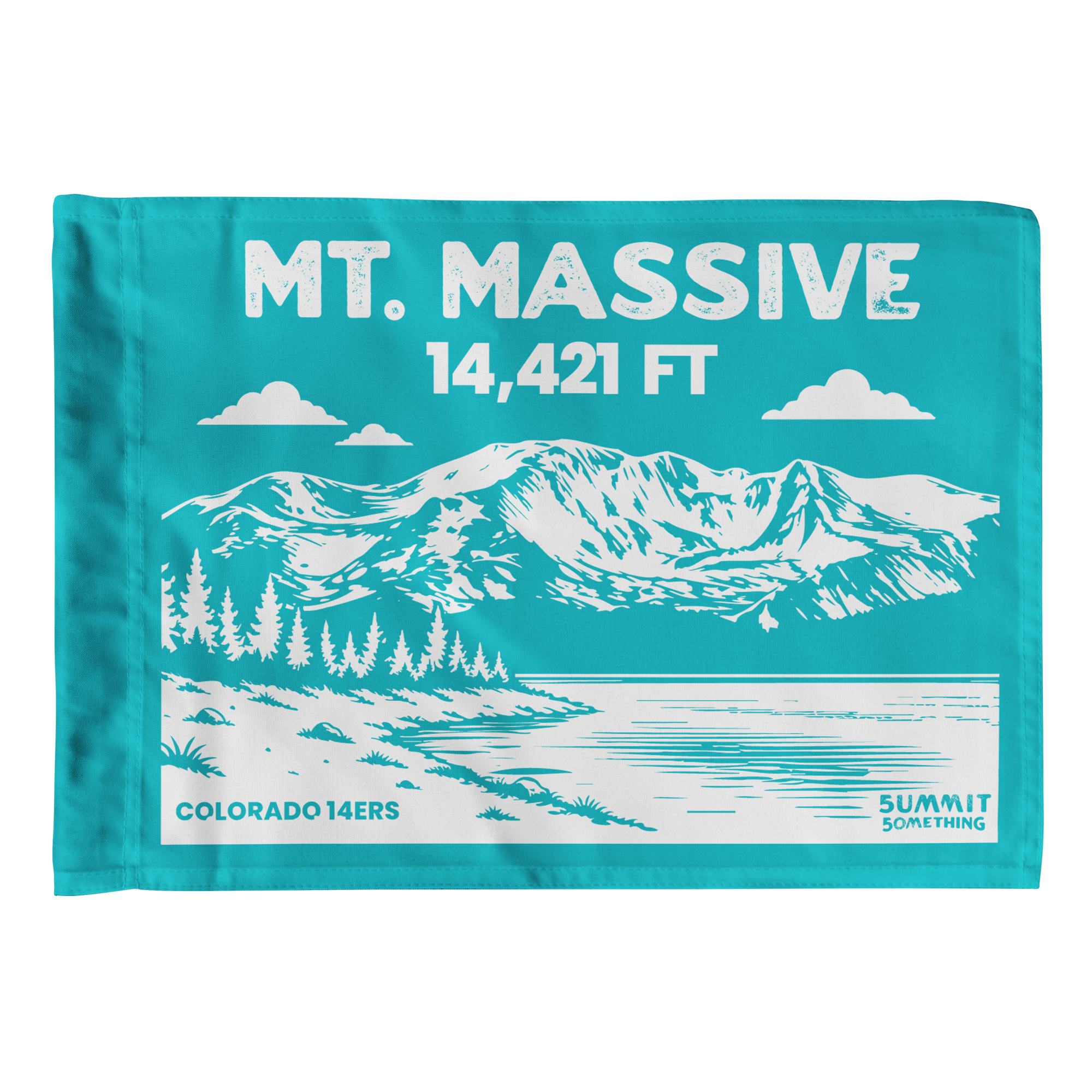 Mount Massive summit flag in turquoise featuring mountain illustration and 14,421 ft elevation, Colorado 14er hiking keepsake, perfect gift for hikers and climbers.