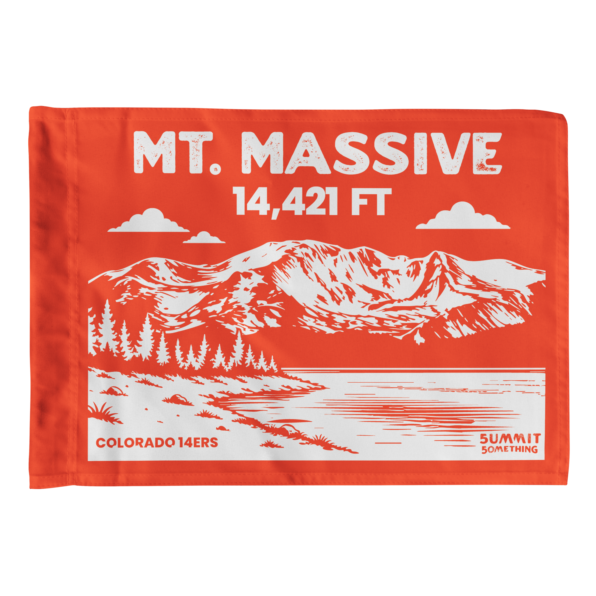 Mount Massive summit flag in orange featuring mountain illustration and 14,421 ft elevation, Colorado 14er hiking keepsake, perfect gift for hikers and climbers.