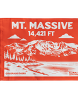 Mount Massive summit flag in orange featuring mountain illustration and 14,421 ft elevation, Colorado 14er hiking keepsake, perfect gift for hikers and climbers.