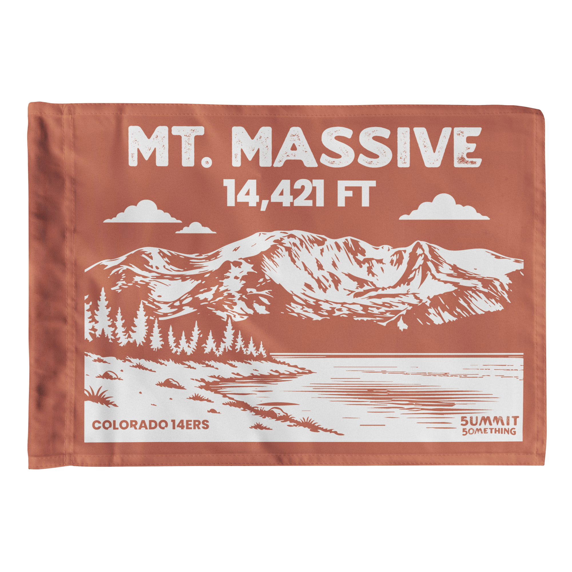 Mount Massive summit flag in brown featuring mountain illustration and 14,421 ft elevation, Colorado 14er hiking keepsake, perfect gift for hikers and climbers.