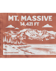 Mount Massive summit flag in brown featuring mountain illustration and 14,421 ft elevation, Colorado 14er hiking keepsake, perfect gift for hikers and climbers.