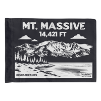 Mount Massive summit flag in charcoal featuring mountain illustration and 14,421 ft elevation, Colorado 14er hiking keepsake, perfect gift for hikers and climbers.