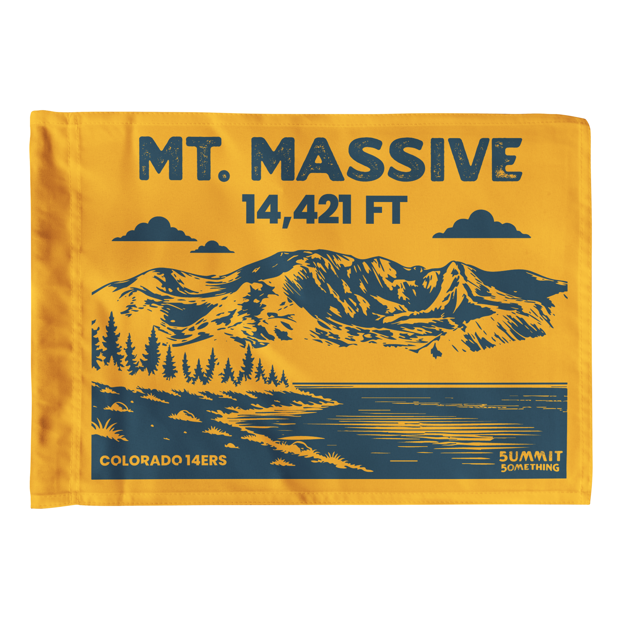 Mount Massive summit flag in goldenrod featuring mountain illustration and 14,421 ft elevation, Colorado 14er hiking keepsake, perfect gift for hikers and climbers.