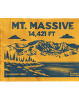 Mount Massive summit flag in goldenrod featuring mountain illustration and 14,421 ft elevation, Colorado 14er hiking keepsake, perfect gift for hikers and climbers.