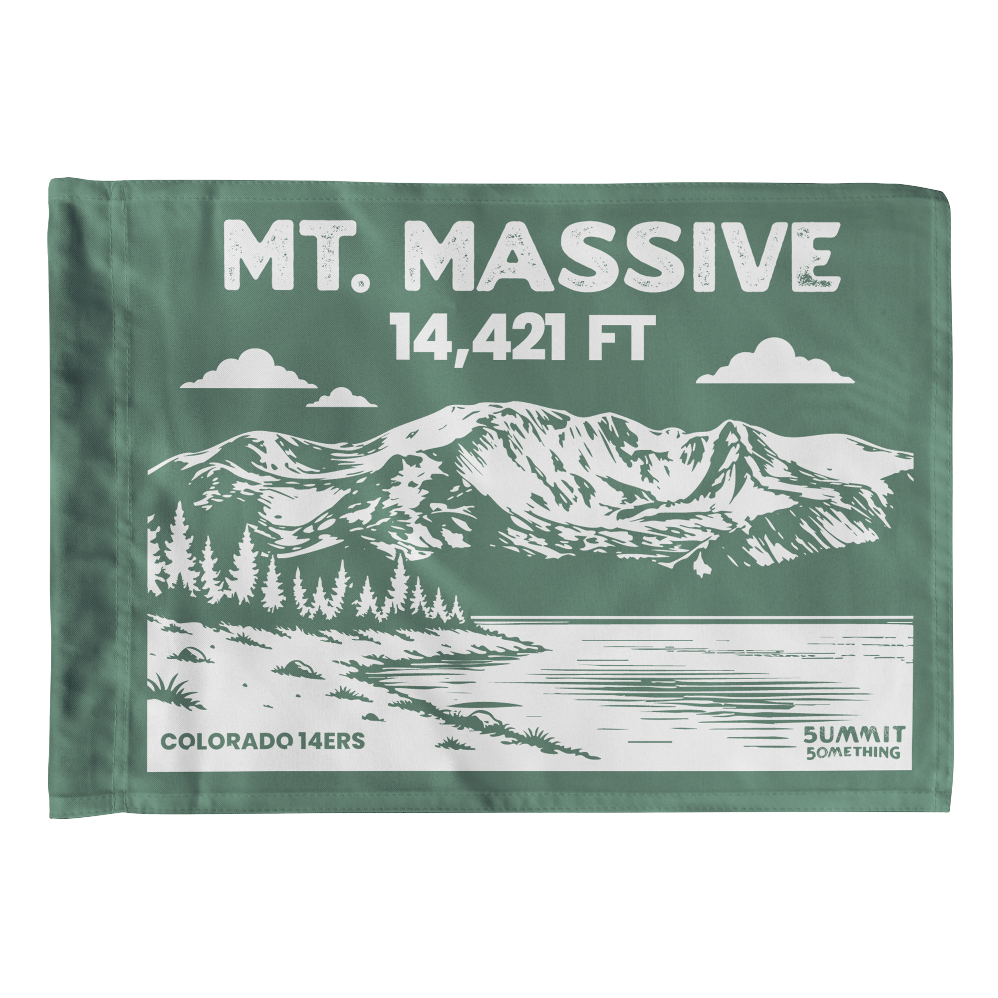Mount Massive summit flag in green featuring mountain illustration and 14,421 ft elevation, Colorado 14er hiking keepsake, perfect gift for hikers and climbers.