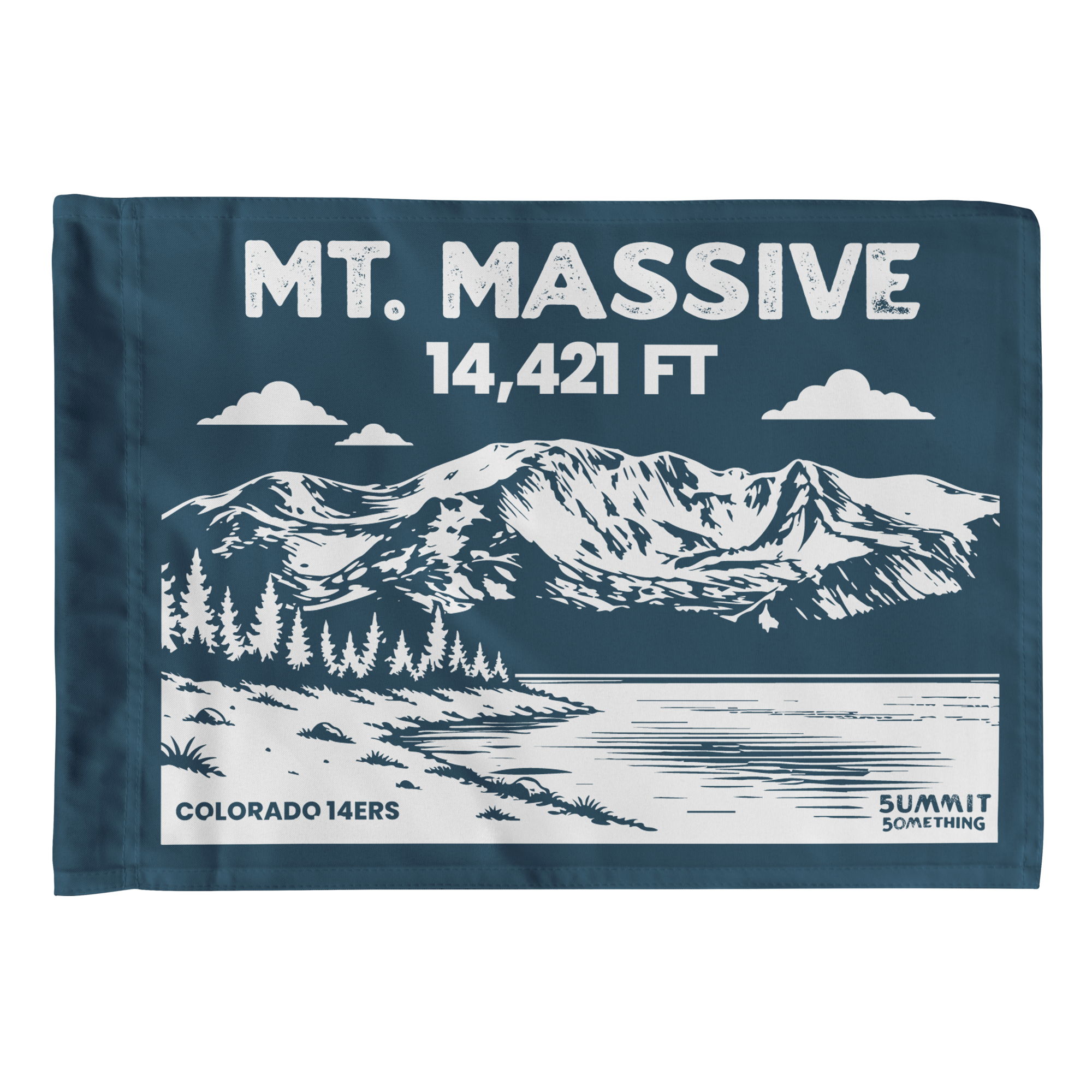Mount Massive summit flag in navy featuring mountain illustration and 14,421 ft elevation, Colorado 14er hiking keepsake, perfect gift for hikers and climbers.
