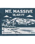 Mount Massive summit flag in navy featuring mountain illustration and 14,421 ft elevation, Colorado 14er hiking keepsake, perfect gift for hikers and climbers.