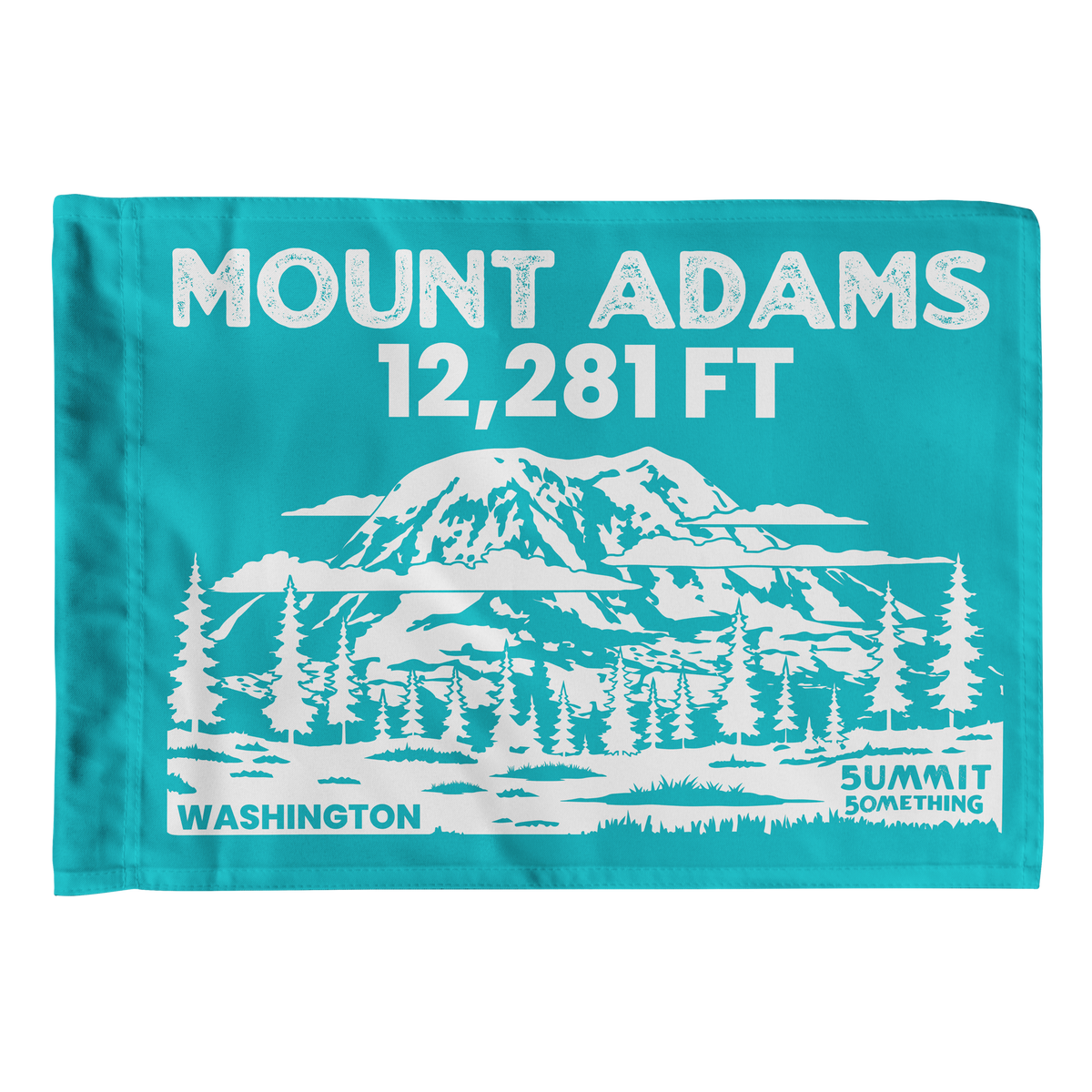 Turquoise Mount Adams summit flag featuring 12,281 ft elevation and Washington Cascade volcano artwork