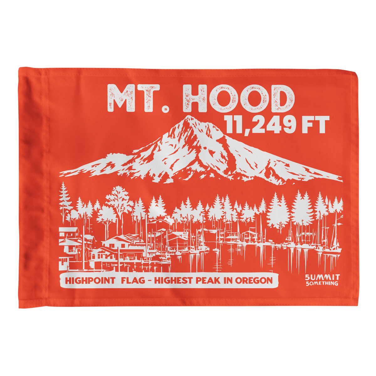 Orange Mt. Hood summit flag featuring 11,249 ft elevation and an illustration of Oregon’s highest peak.