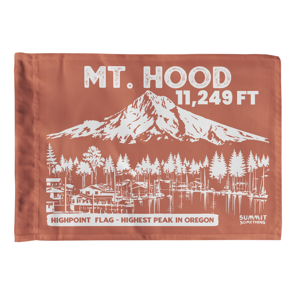 Brown Mt. Hood summit flag featuring 11,249 ft elevation and an illustration of Oregon’s highest peak.