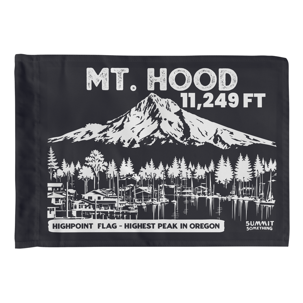 Charcoal Mt. Hood summit flag featuring 11,249 ft elevation and an illustration of Oregon’s highest peak.