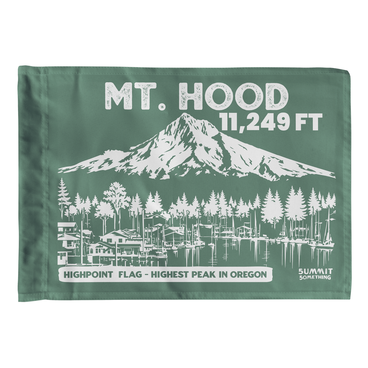 Green Mt. Hood summit flag featuring 11,249 ft elevation and an illustration of Oregon’s highest peak.