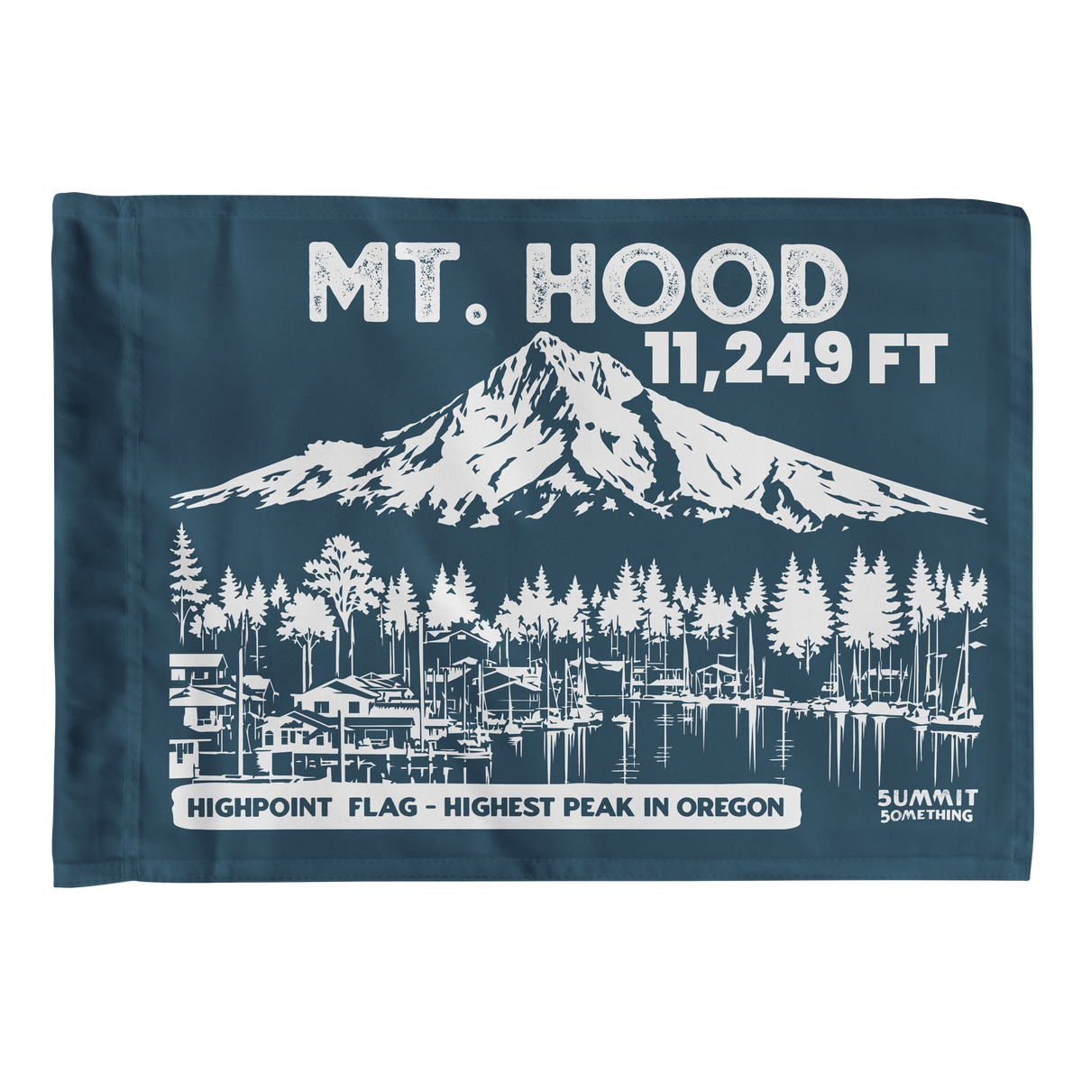 Navy Mt. Hood summit flag featuring 11,249 ft elevation and an illustration of Oregon’s highest peak.