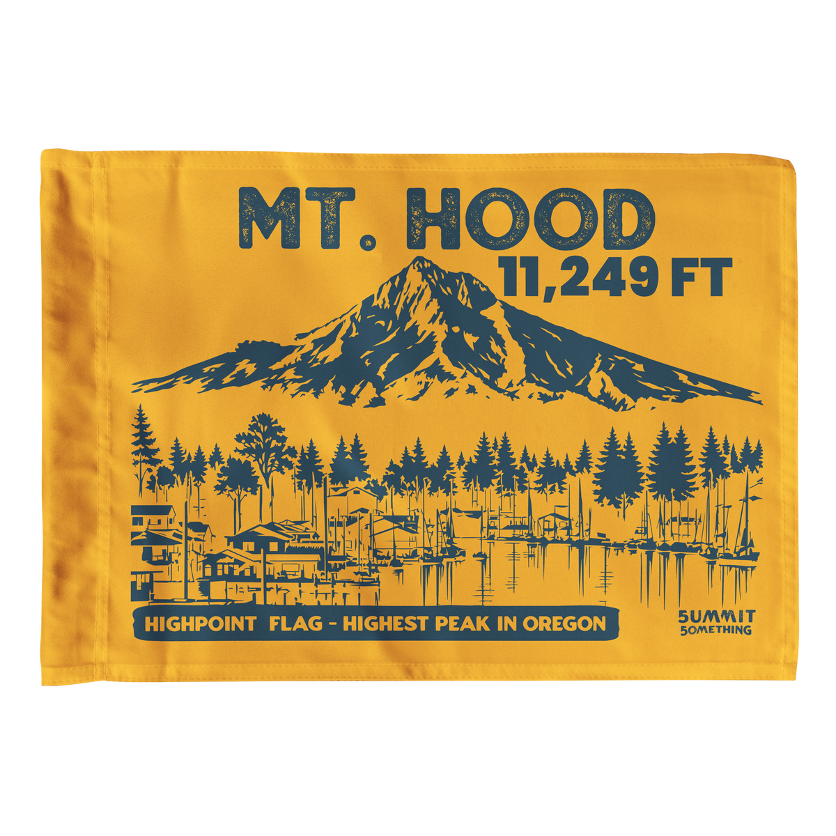Goldenrod Mt. Hood summit flag featuring 11,249 ft elevation and an illustration of Oregon’s highest peak.