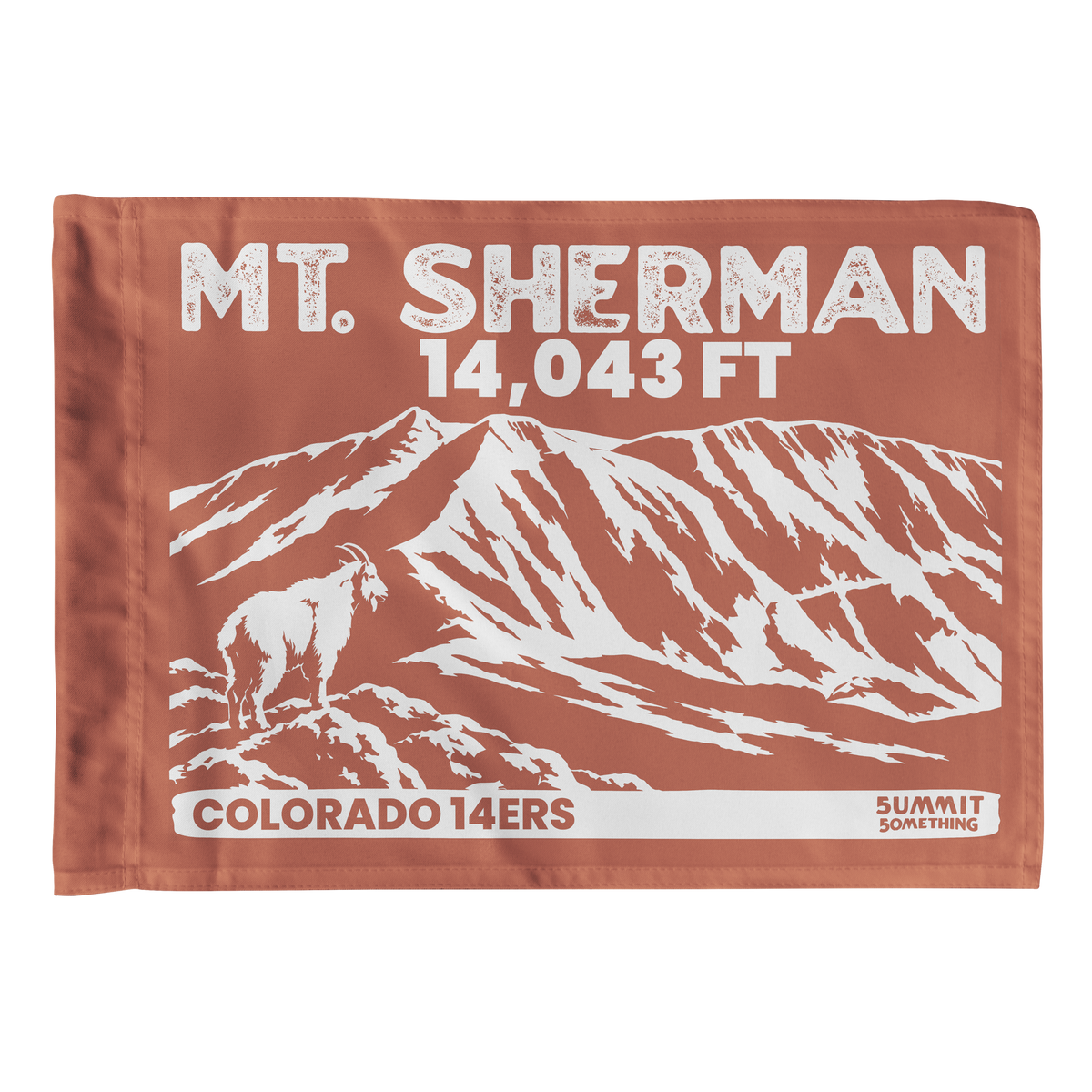 Brown Mount Sherman summit flag featuring 14,043 ft elevation and mountain  a mountain goat in the foreground artwork, hiking keepsake for 14er climbers