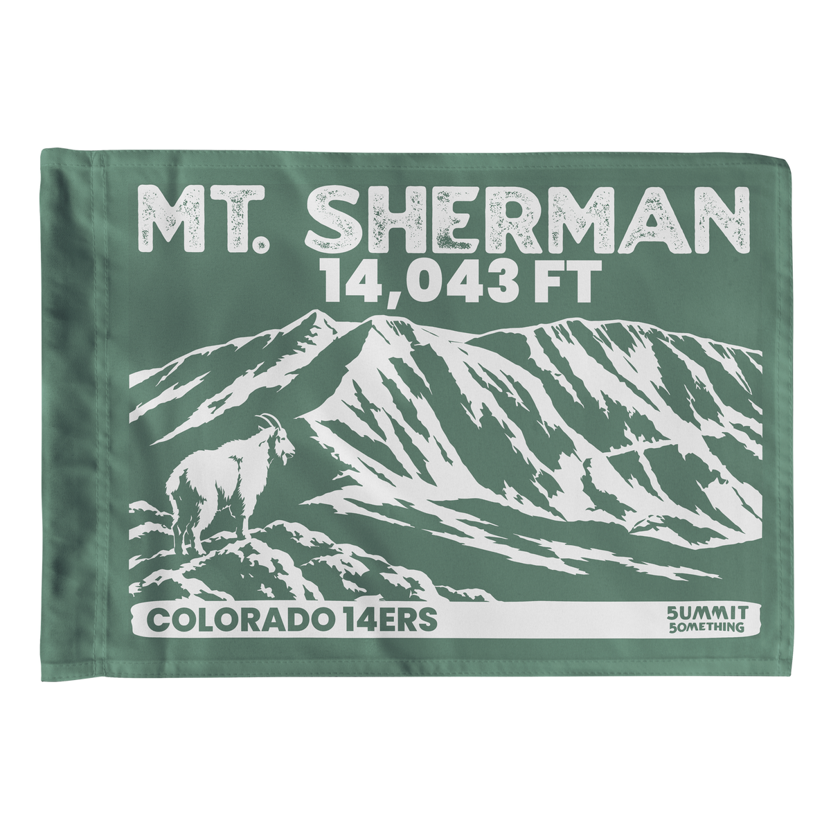 Green Mount Sherman summit flag featuring 14,043 ft elevation mountain artwork with a mountain goat in the foreground.  Perfect  hiking keepsake or gift for 14er climbers.