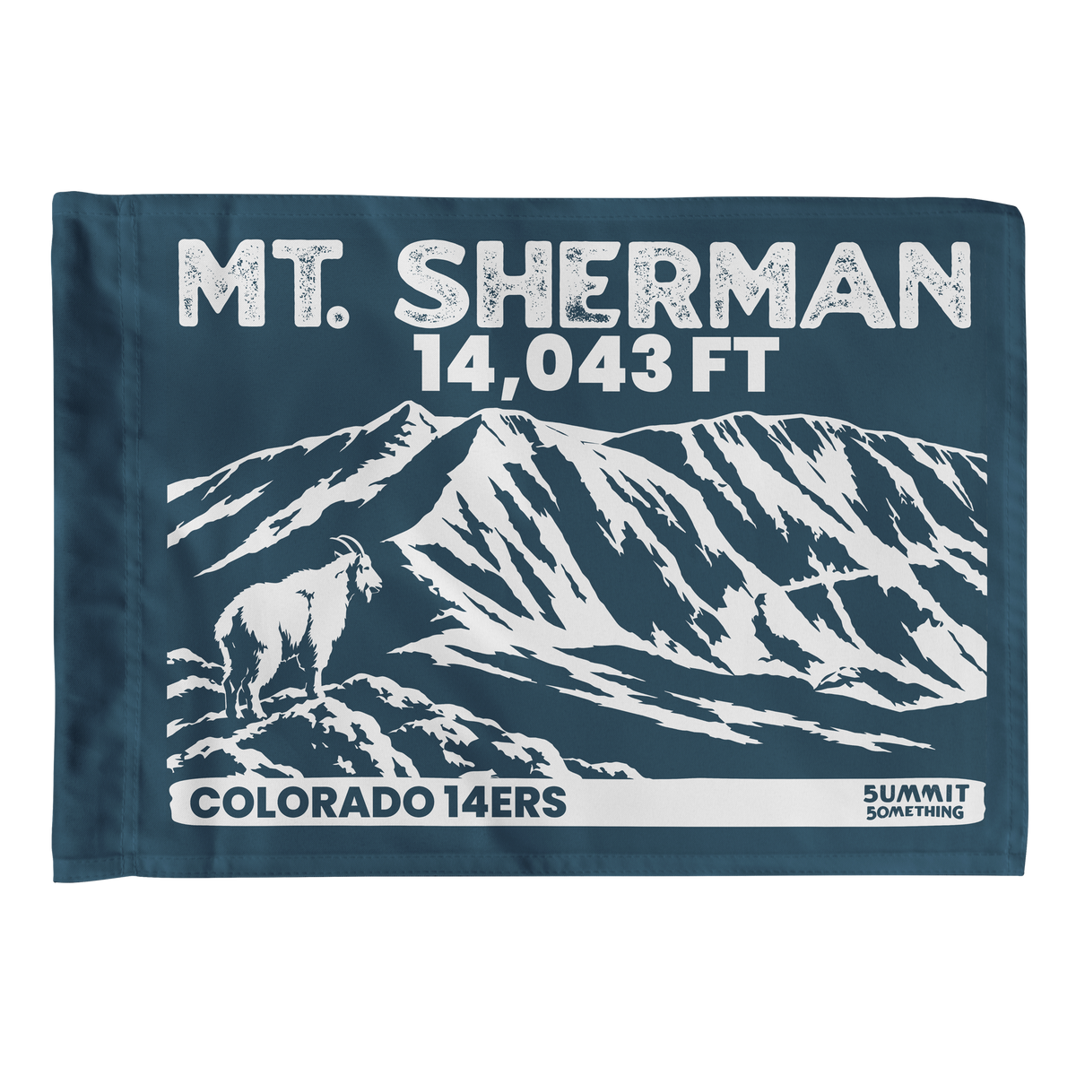 Navy Mount Sherman summit flag featuring 14,043 ft elevation mountain artwork with a mountain goat in the foreground.  Perfect  hiking keepsake or gift for 14er climbers.