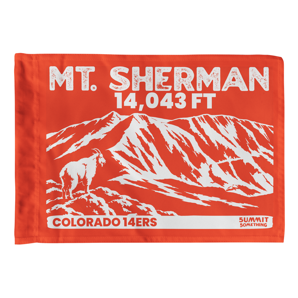 Orange Mount Sherman summit flag featuring 14,043 ft elevation mountain artwork with a mountain goat in the foreground.  Perfect  hiking keepsake or gift for 14er climbers.