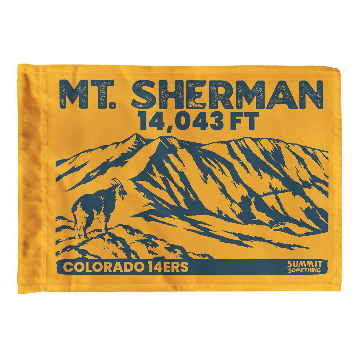 Goldenrod Mount Sherman summit flag featuring 14,043 ft elevation mountain artwork with a mountain goat in the foreground.  Perfect  hiking keepsake or gift for 14er climbers.