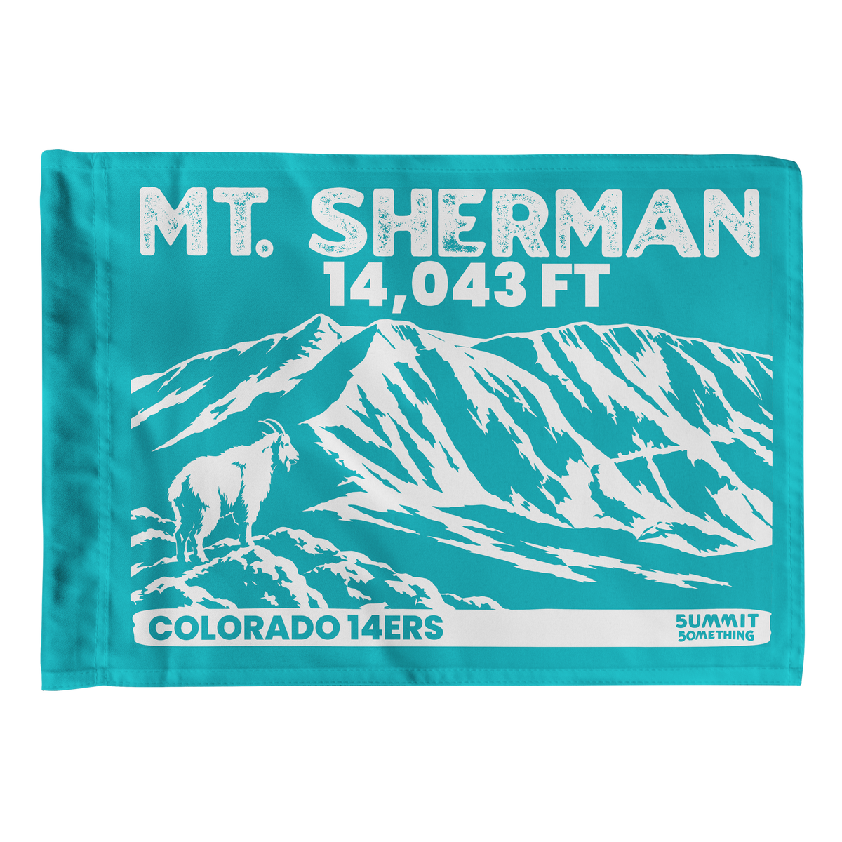 Turquoise Mount Sherman summit flag featuring 14,043 ft elevation mountain artwork with a mountain goat in the foreground.  Perfect  hiking keepsake or gift for 14er climbers.