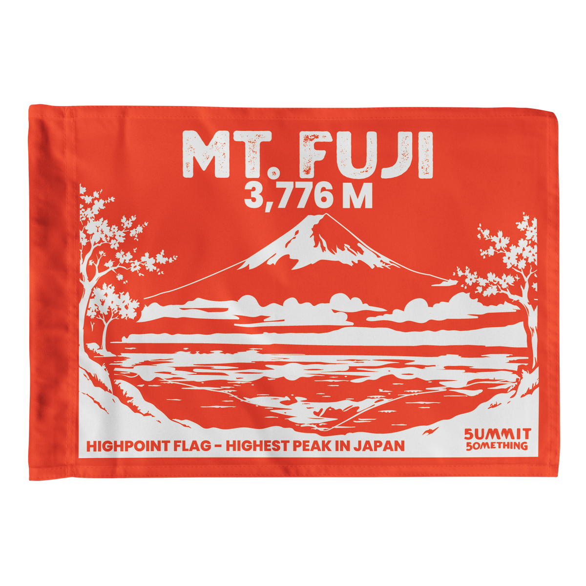 Orange Mount Fuji summit flag featuring Japan's highest mountain at 3,776 meters and original volcanic peak artwork