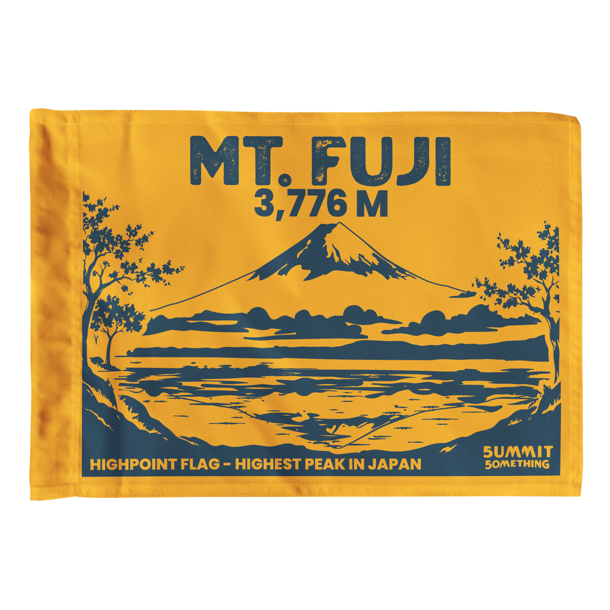 Goldenrod Mount Fuji summit flag featuring Japan's highest mountain at 3,776 meters and original volcanic peak artwork