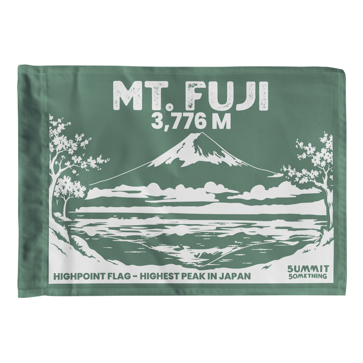 Green Mount Fuji summit flag featuring Japan's highest mountain at 3,776 meters and original volcanic peak artwork