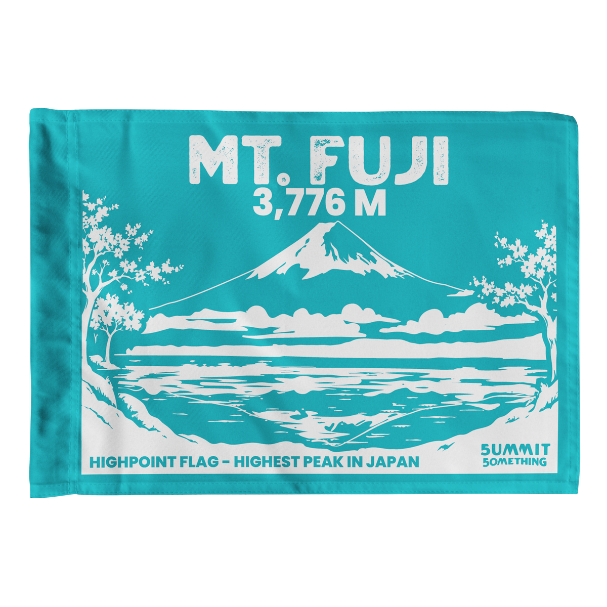 Turquoise Mount Fuji summit flag featuring Japan's highest mountain at 3,776 meters and original volcanic peak artwork
