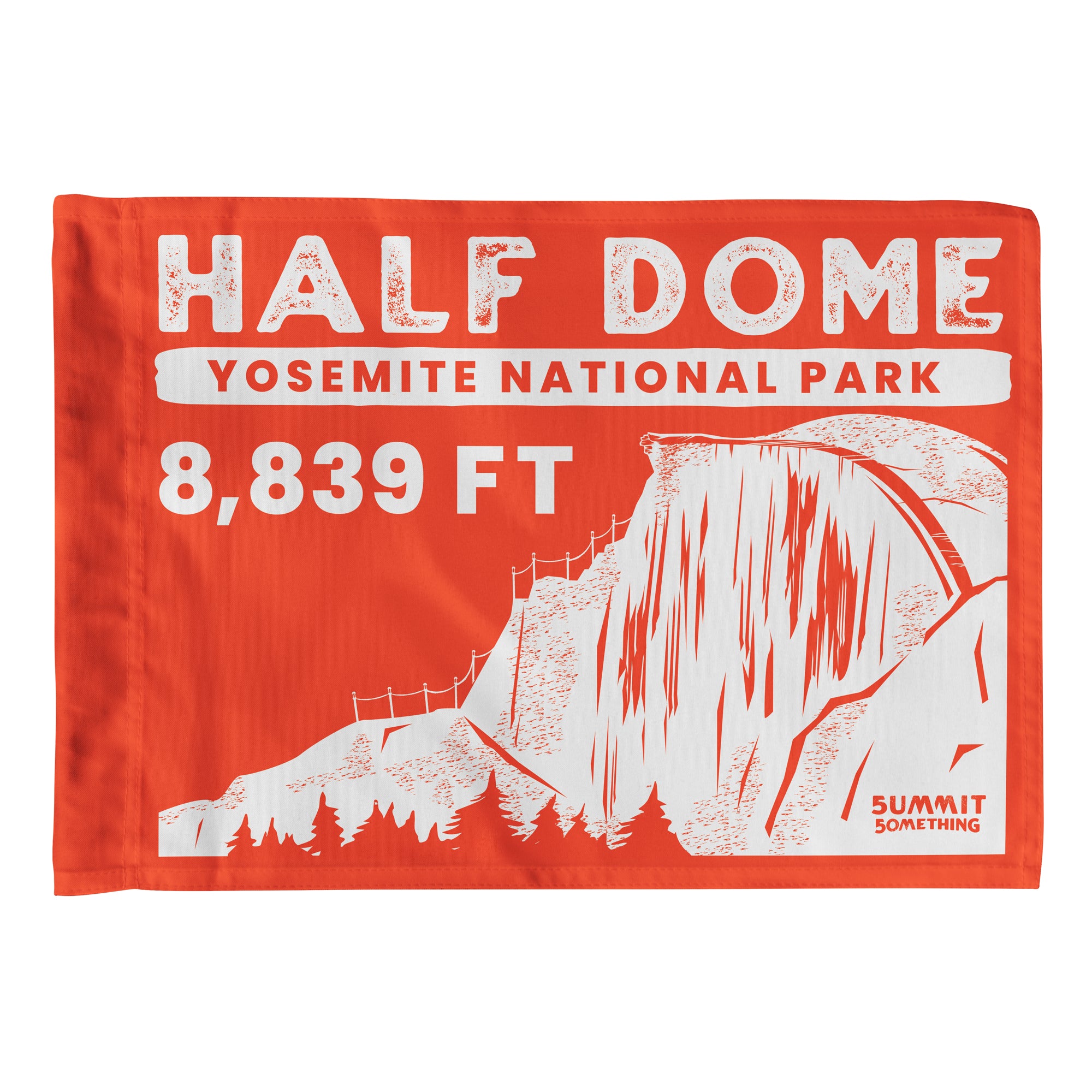 Half Dome summit flag made by Summit Something also known as 5ummit 5omething. Displays the famous dome and cables  - Lists Yosemite National Park and the elevation on the summit of 8,839 feet 