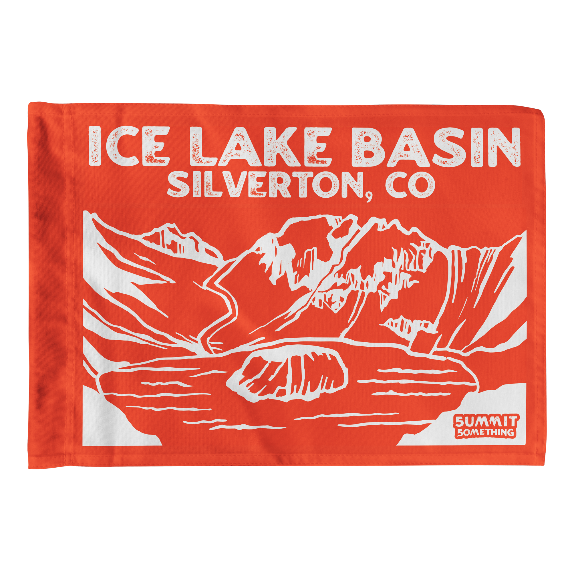 Ice Lake Basin Summit Flag.  Orange summit flag depicting one of the beautiful alpine lakes along the Ice Lake Basin trail near Silverton, Colorado.  A souvenir to take with you on the hike and enhance your selfie photos against the backdrop of the jaw-dropping vistas.  The flag shows the location being Silverton, Colorado.  Made by Summit Something.