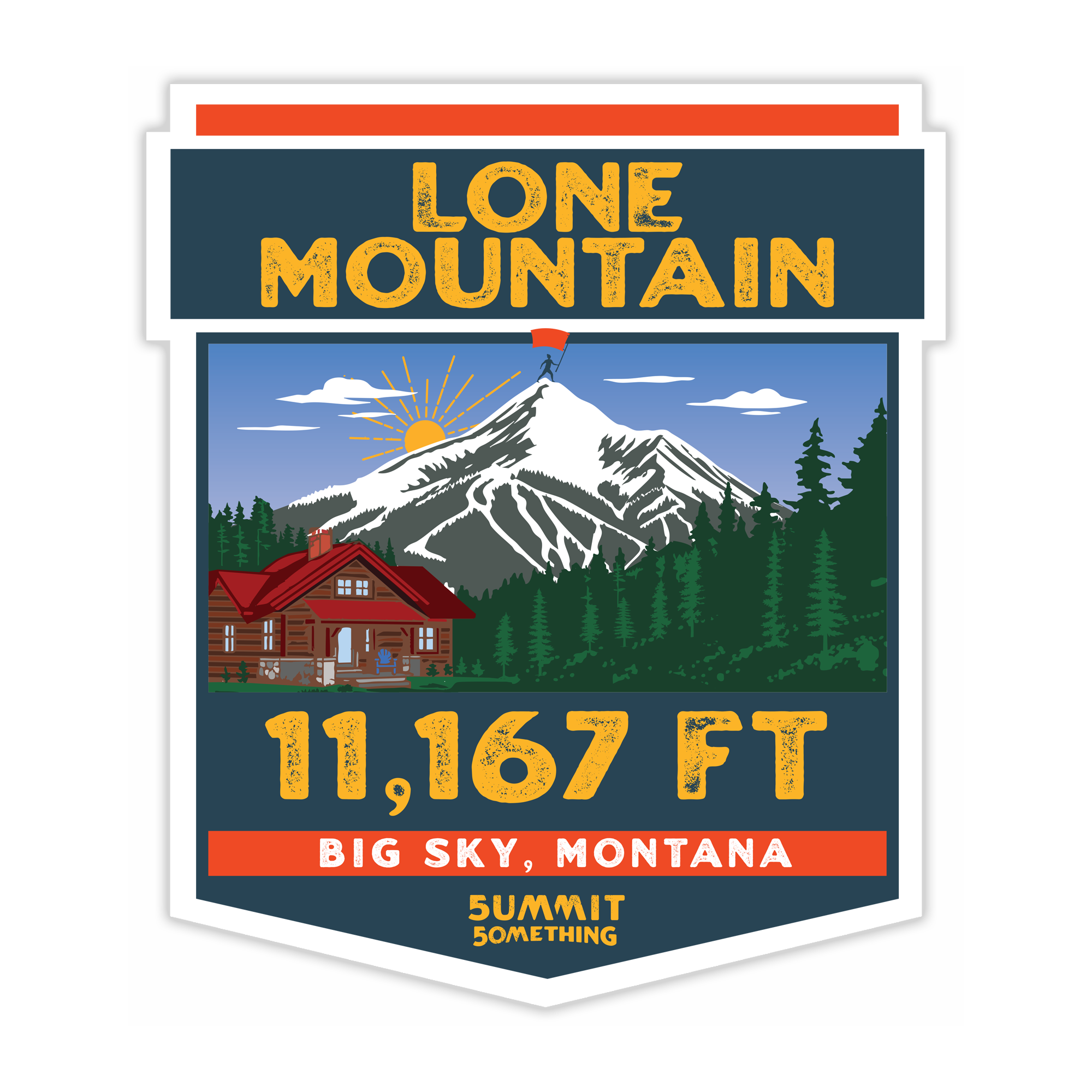 Lone Mountain sticker with showing the Lone mountain and hiker summiting at the top, with a cabin in the foreground and with the elevation of 11,167 ft.