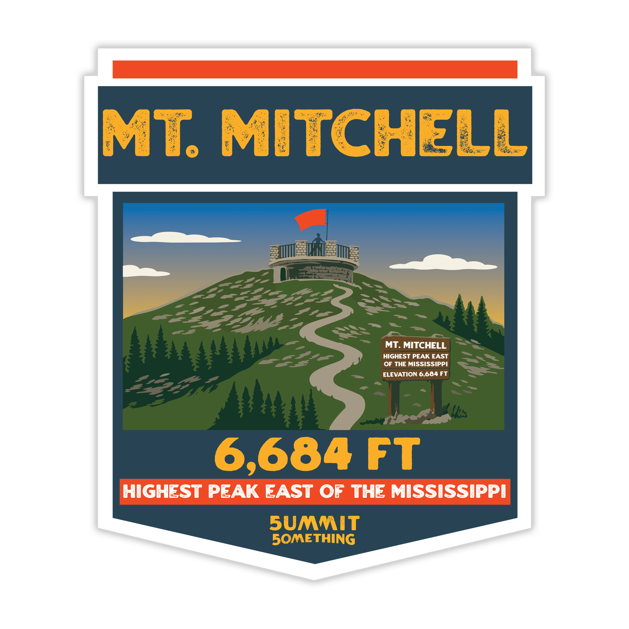 Sticker of Mt. Mitchell with a mountain scene, flag, and text about height and location. This sticker comemorates North Carolina's highpoint summit.