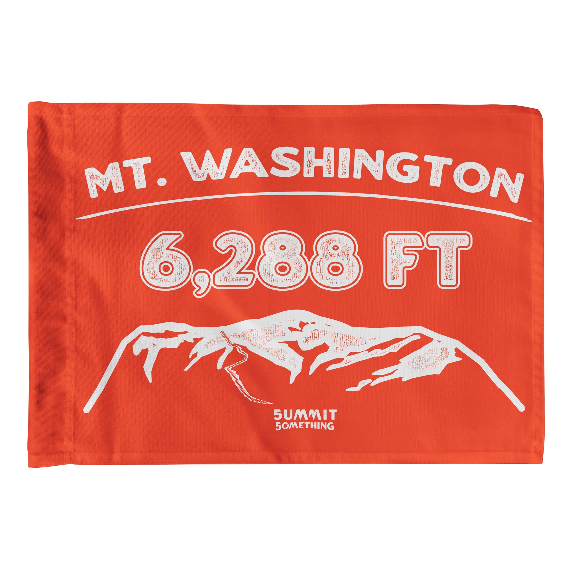 Orange Mount Washington summit flag- Mount Washington trail- - A souvenir to hike with and to display on the wall afterwards featuring the iconic and famous 6,288 foot "Mount Washington" - summit - which is the highest point in New England and in the White Mountains - displays the cog railway near Gorham, New Hampshire- made by Summit Something also known as 5ummit 5omething