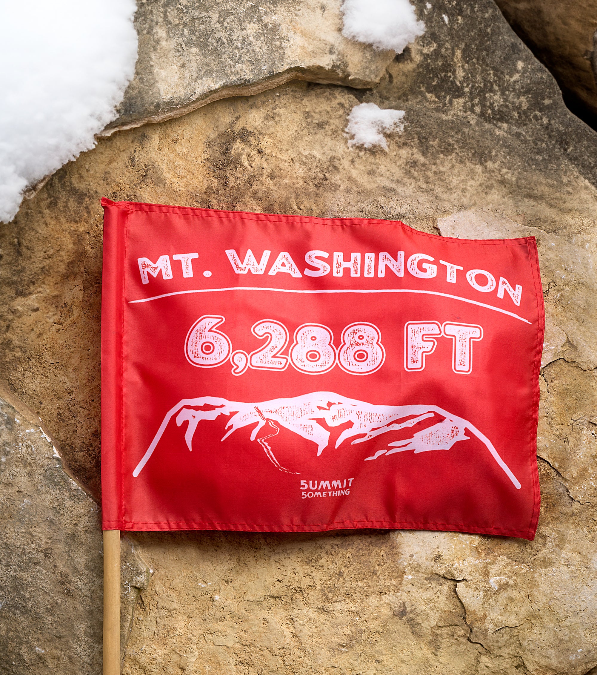 Photo displaying the use of a Mt. Washington orange summit flag made by Summit Something also known as 5ummit 5ometing