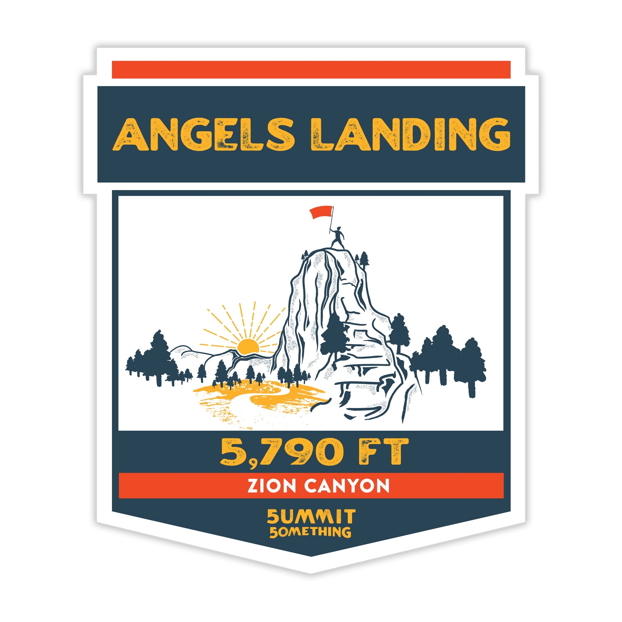 Navy and gold sticker honoring one of the most famous hikes in the U.S., Angels Landing.  Angels Landing is written  in text on the top in bright goldenrod as is the 5,790 ft summit eleveation at the bottom. In the middle, there is an illustration of the summit landdscape and rock formation.  At the bottom, Zion National Park is written in white text on a red banner at the very bottom. 