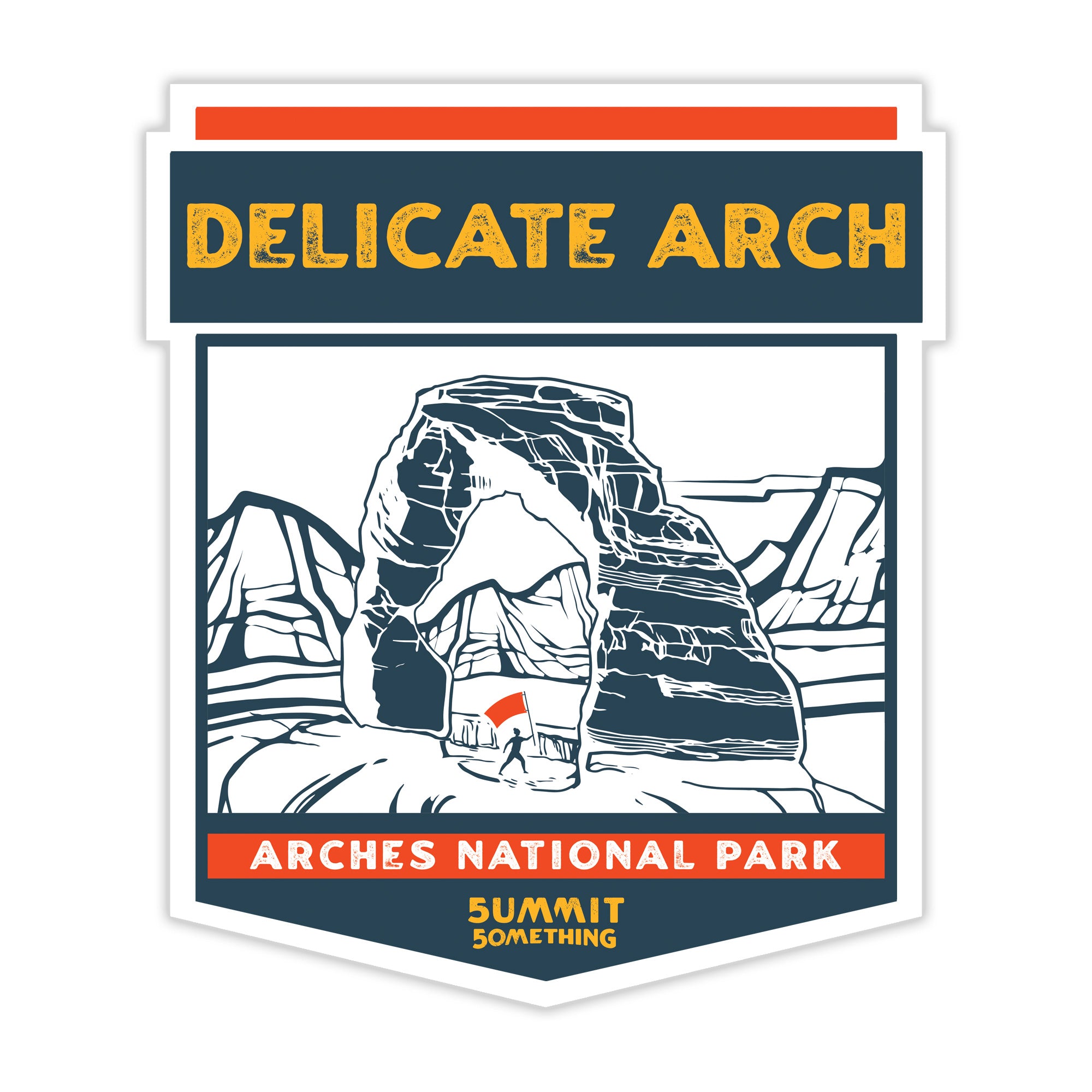 Sticker depicting the majestic Delicate Arch in Arches National Park.  Artwork on the sticker reads Delicate Arch at the top and Arches National Park at the bottom.  Scenery is beautiful capturing the reddish brown colors of the lanscape with mountains and setting sun in the background.