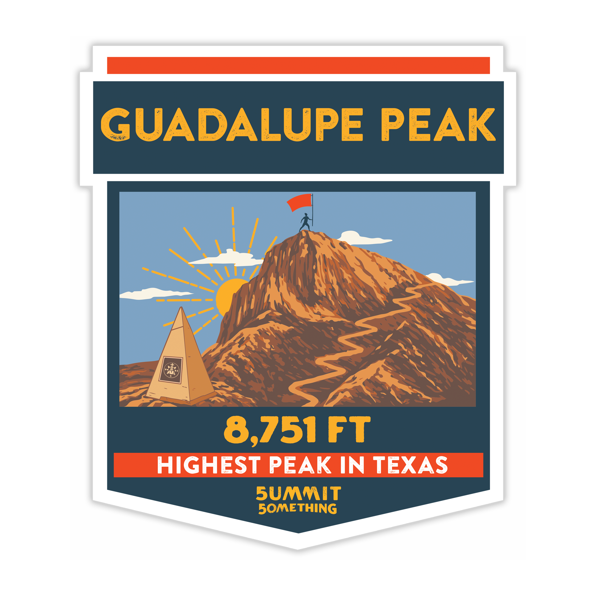 Guadalupe Peak sticker featuring mountain illustration and 8,751 ft elevation, Texas Highpoint keepsake, perfect hiker or climber gift.

Guadalupe Peak sticker on water bottle in desert landscape 

Guadalupe Mountains National Park hiking souvenir.  
Guadalupe Peak Texas Highpoint keepsake for hikers and climbers.