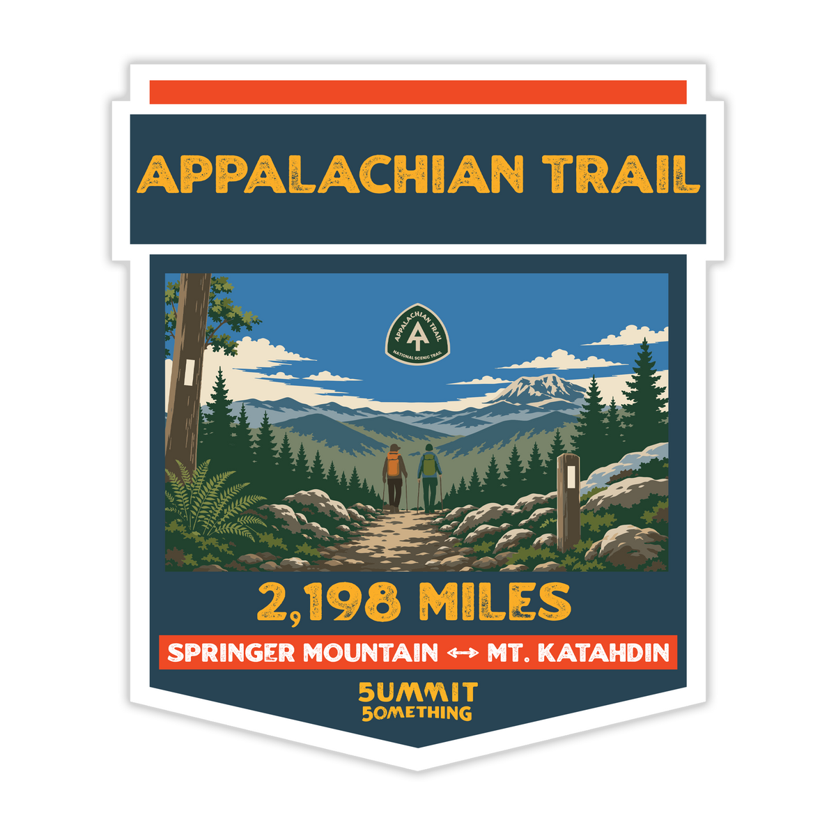 A die-cut sticker featuring an illustrated Appalachian Trail design with the text 'APPALACHIAN TRAIL' at the top, a scenic mountain landscape with two hikers in the center, '2,198 MILES' below, and 'SPRINGER MOUNTAIN  MT. KATAHIN' and 'SUMMIT SOMETHING' on the bottom.