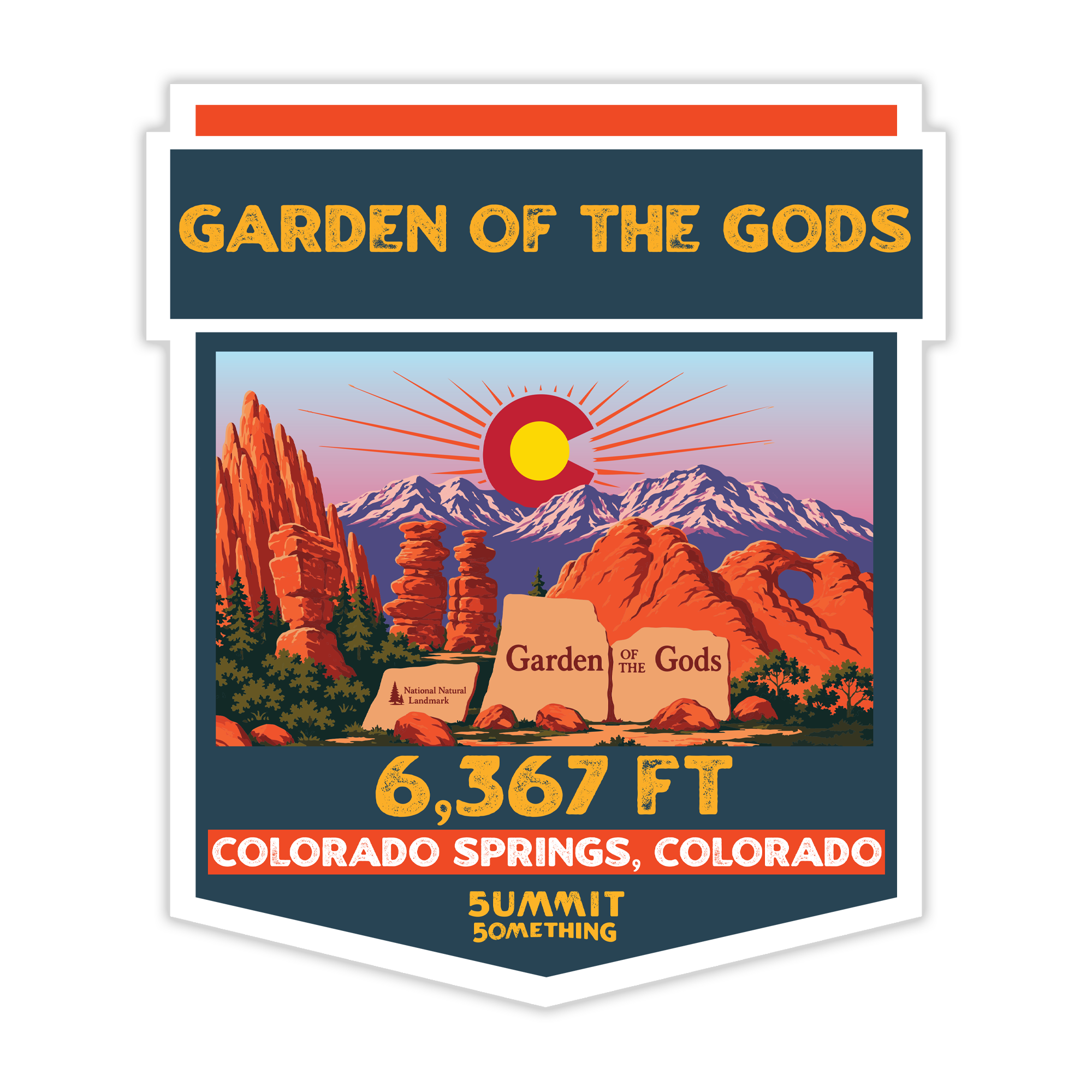 Sticker with 'Garden of the Gods' design featuring red rock formations and a mountain range.  Colorado Springs, Colorado is printed on the bottom.
