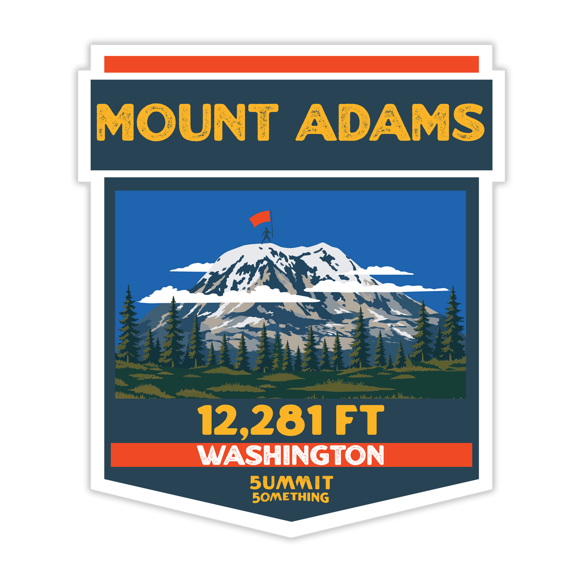 A die-cut sticker featuring a Mount Adams travel poster design. The sticker includes the text 'MOUNT ADAMS', '12,281 FT', 'WASHINGTON', and 'SUMMIT SOMETHING' in yellow and white lettering, with an illustration of the snow-capped mountain, pine trees, and a red flag on a white background.
