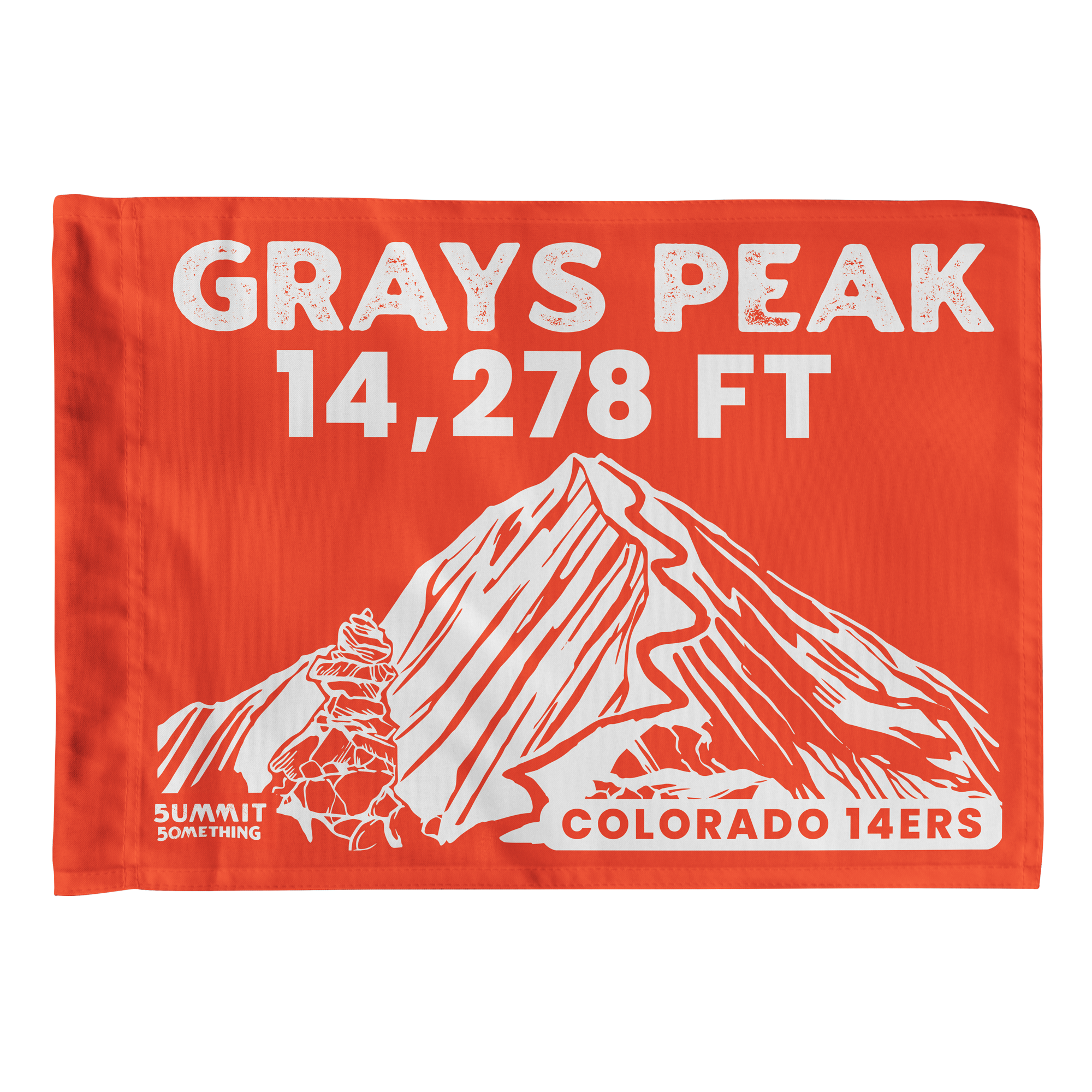 Orange Grays Peak summit flag- A souvenir to hike with and to display on the wall at home or in your office afterwards featuring the iconic and famous 14,278 foot "Grays Peak" - summit - which is one of the most popular Colorado 14ers located in Arapaho National Forest near Idaho Springs, CO- made by Summit Something also known as 5ummit 5omething