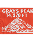 Orange Grays Peak summit flag- A souvenir to hike with and to display on the wall at home or in your office afterwards featuring the iconic and famous 14,278 foot "Grays Peak" - summit - which is one of the most popular Colorado 14ers located in Arapaho National Forest near Idaho Springs, CO- made by Summit Something also known as 5ummit 5omething