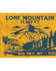 A goldenrod summit flag depicting the classic  dramatic view of Lone Mountain and with Lone Mountain and elevation of in white text the name of Lone Mountain and the 11,167 elevation written in white text at the top and Big Sky, MT written at the bottom.