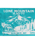 An turquoise summit flag depicting the classic  dramatic view of Lone Mountain and with Lone Mountain and elevation of in white text the name of Lone Mountain and the 11,167 elevation written in white text at the top and Big Sky, MT written at the bottom.