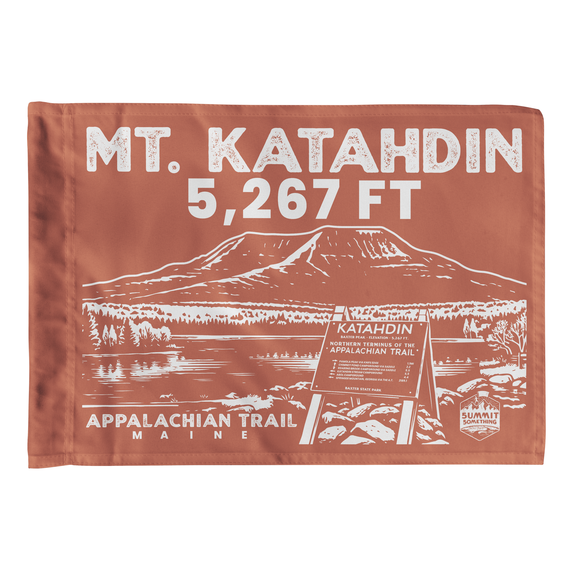 Mt. Katahdin summit flag in brown with white text and Appalachian Trail graphic in Maine