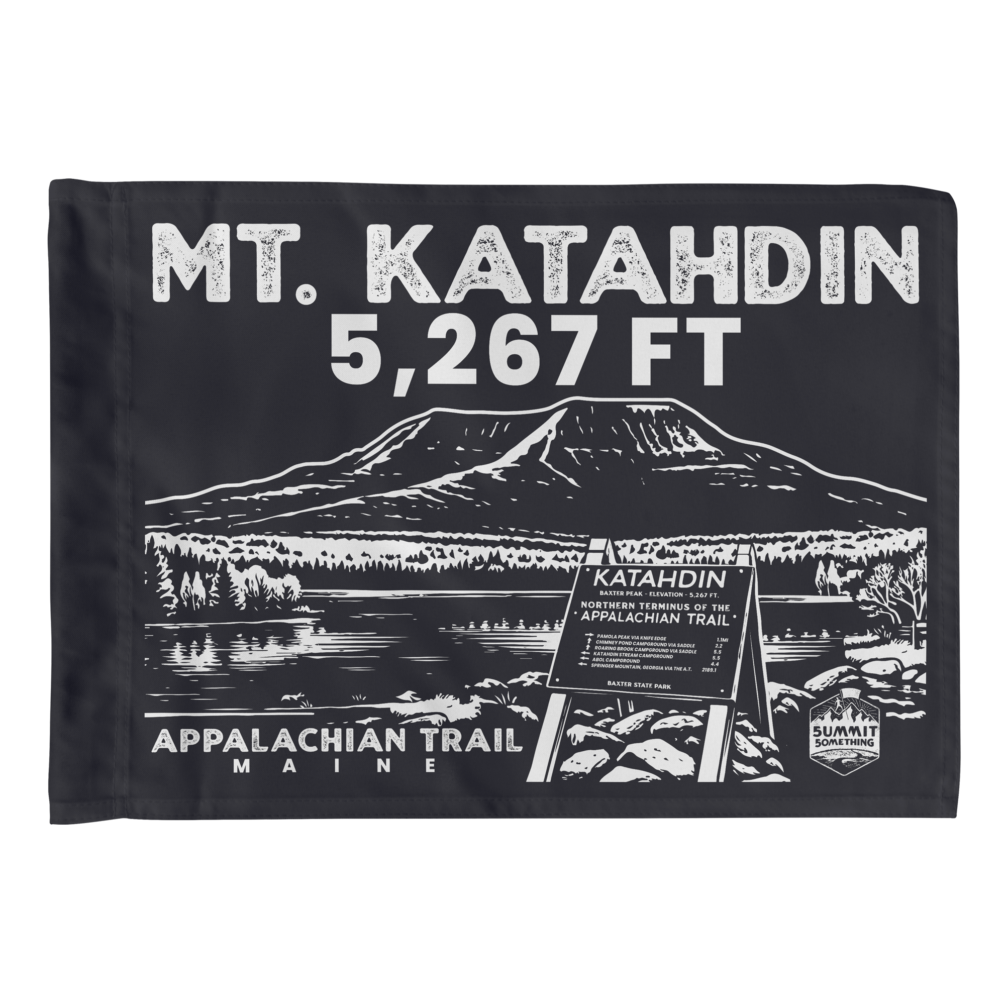 Mt. Katahdin summit flag in black with white text and Appalachian Trail graphic in Maine
