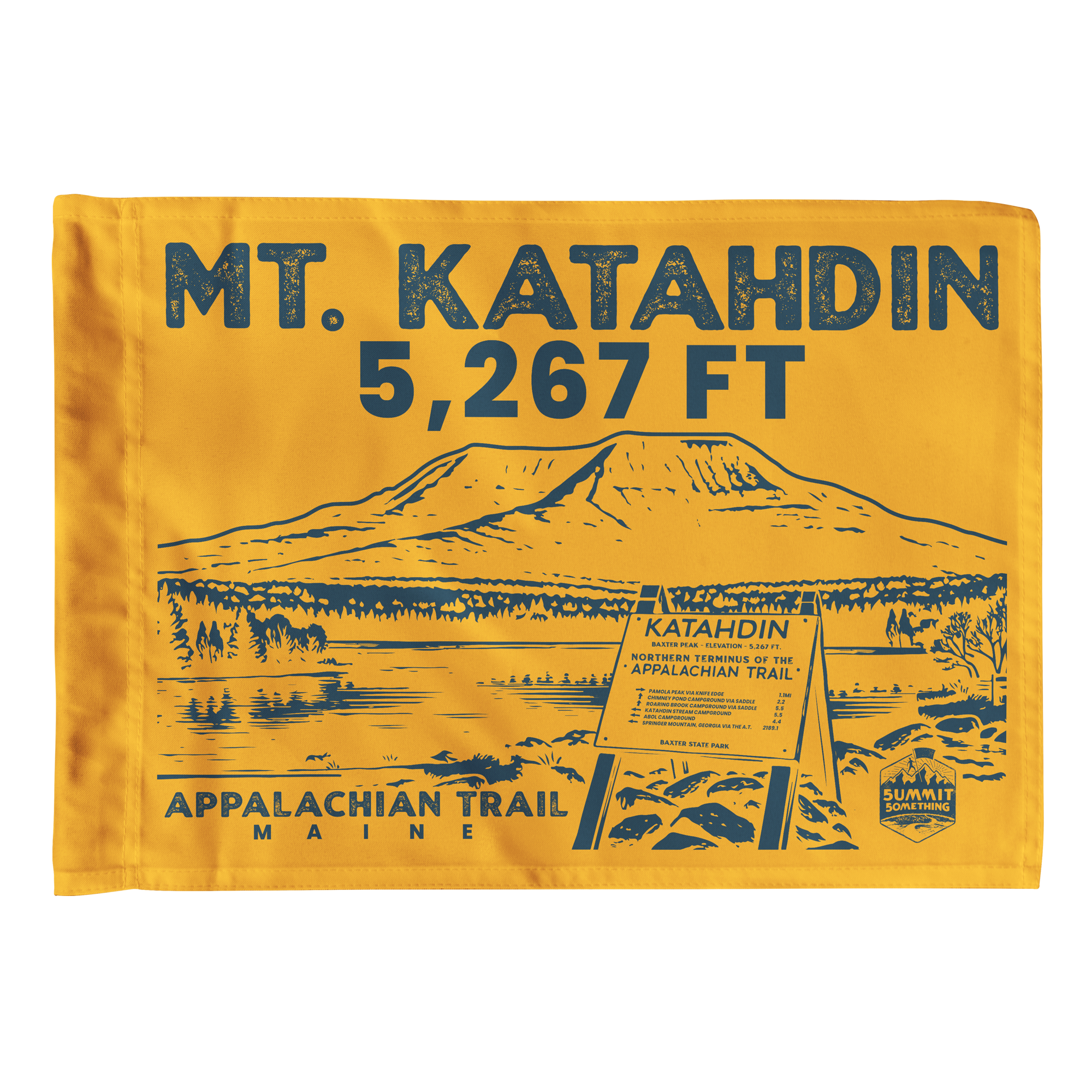 Mt. Katahdin summit flag in yellow with navy blue text and Appalachian Trail graphic in Maine
